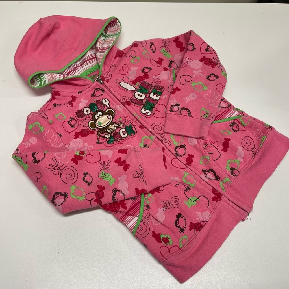 Bobby Jack Monkey Hoodie Girls Large Pink Full Zip I Love Sweaters Y2K 00s Retro